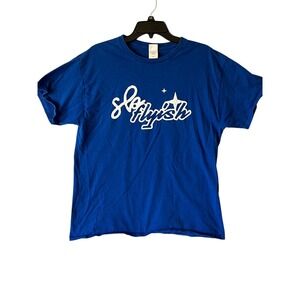 Women's Blue Graphic Top Large Cotton Short Sleeve Casual